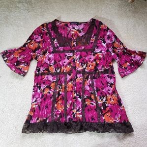 Notations tunic floral lace blouse pink brown women's size XL
